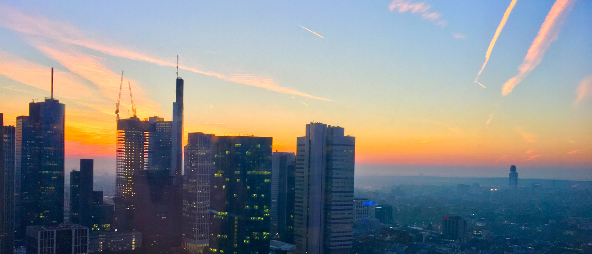 Frankfurt construction work skyline at sunset