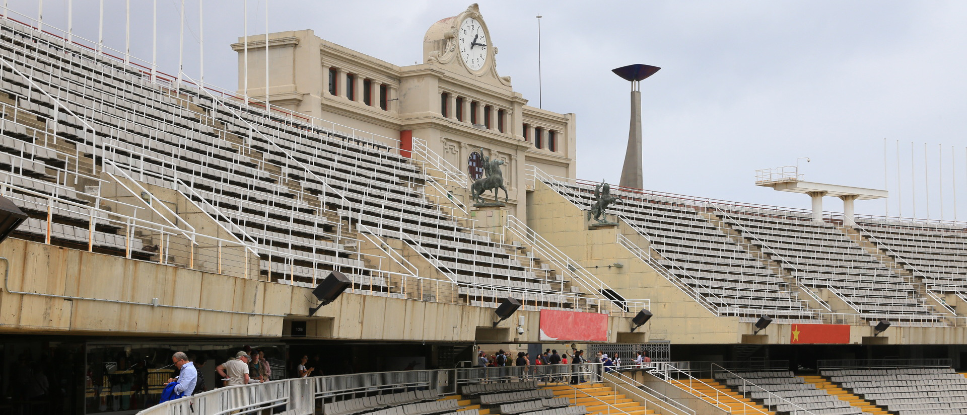 Monumental olympic stadium with big clock